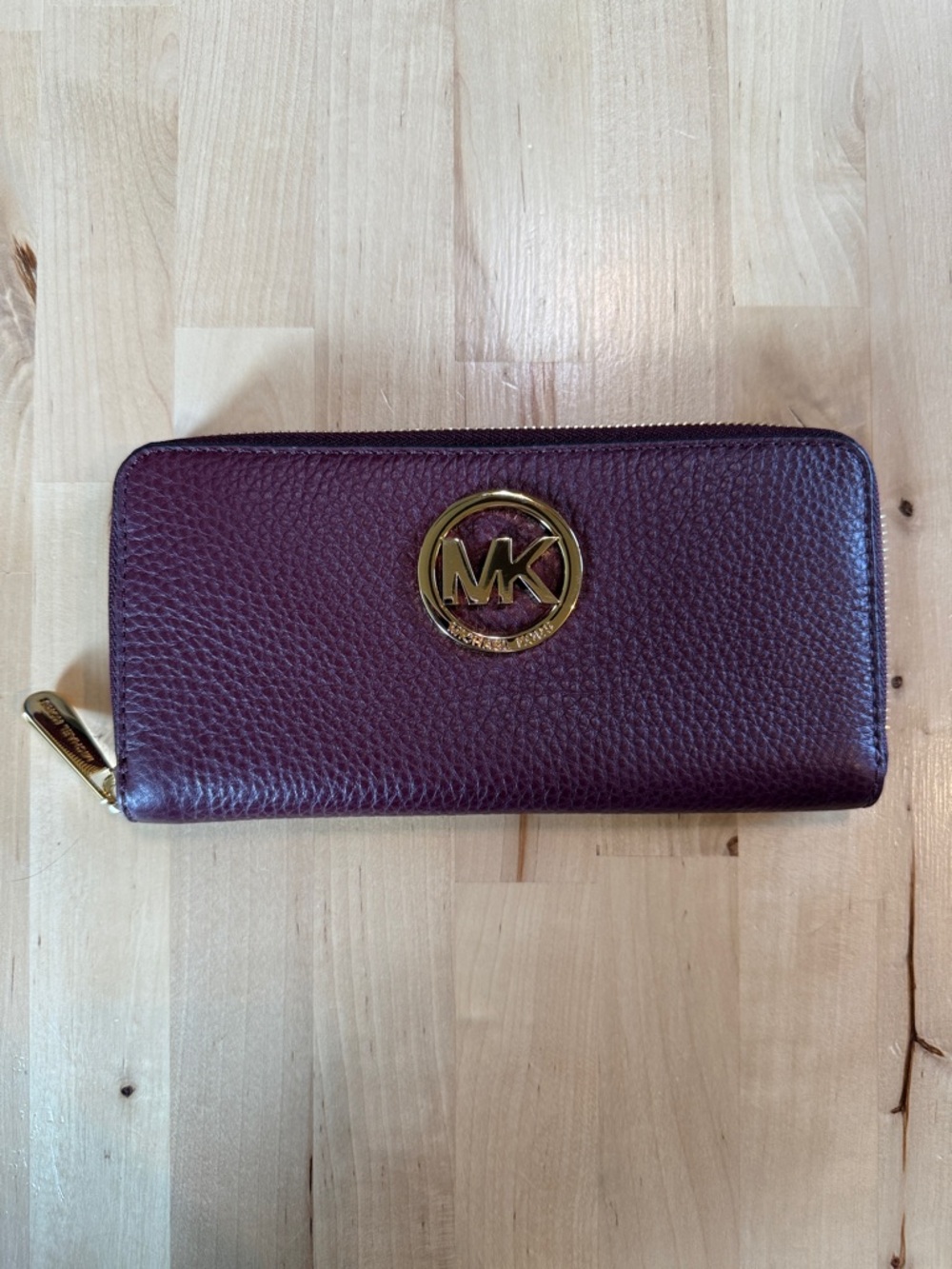 Michael Kors Dark Maroon Pebbled Leather Zip Wallet with Gold MK Logo